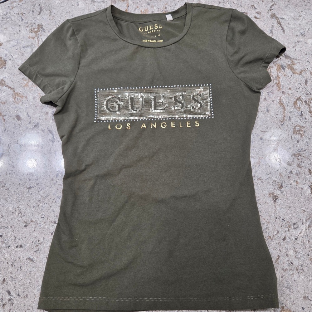 GUESS Y2K Los Angeles Olive Green Embellished Logo Short Sleeve T‎ Shirt Small